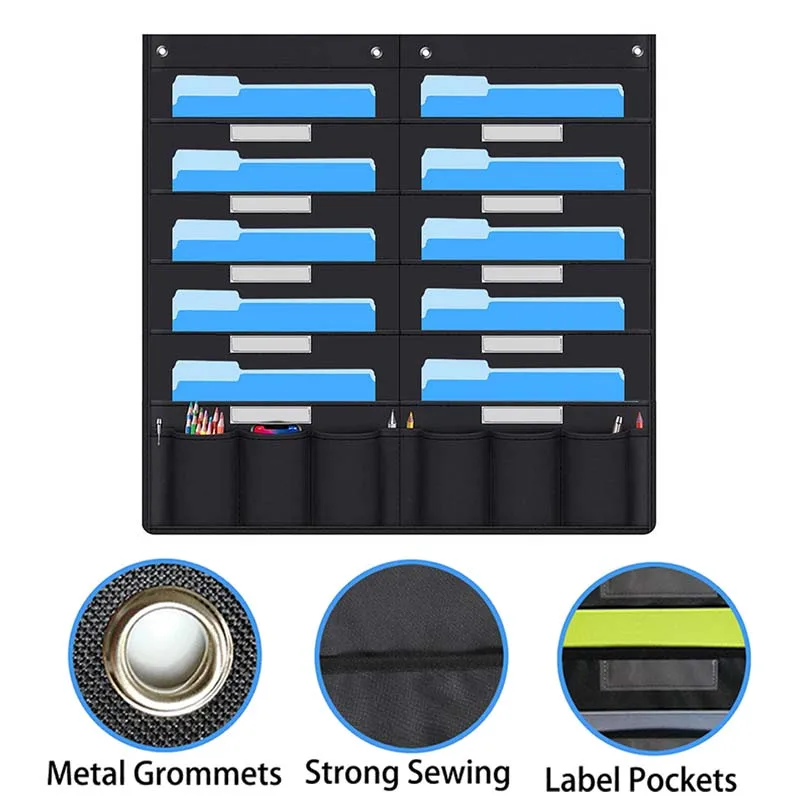 Black Hanging File Organizer with 20 Pocket Wall Storage Pocket Charts with 4 Hook for File Folders School Mailbox Office Papers