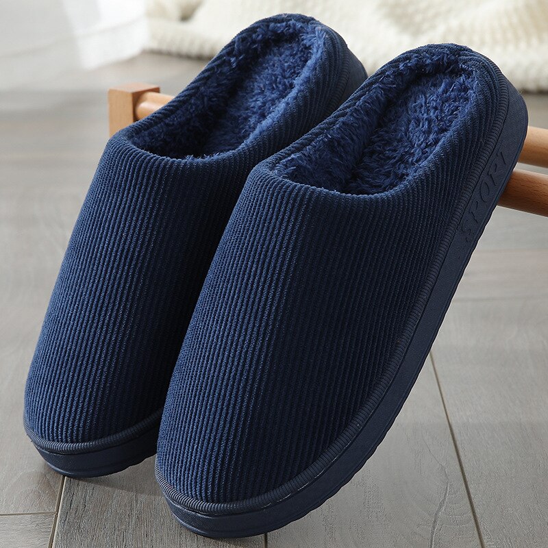 Mannen Slippers Gestreepte Corduroy Unisex Indoor Schoenen Herfst Winter Warm Vrouwen Slippers Memory Foam Huishoudelijke Non Slip Schoenen: Blauw / 42-43