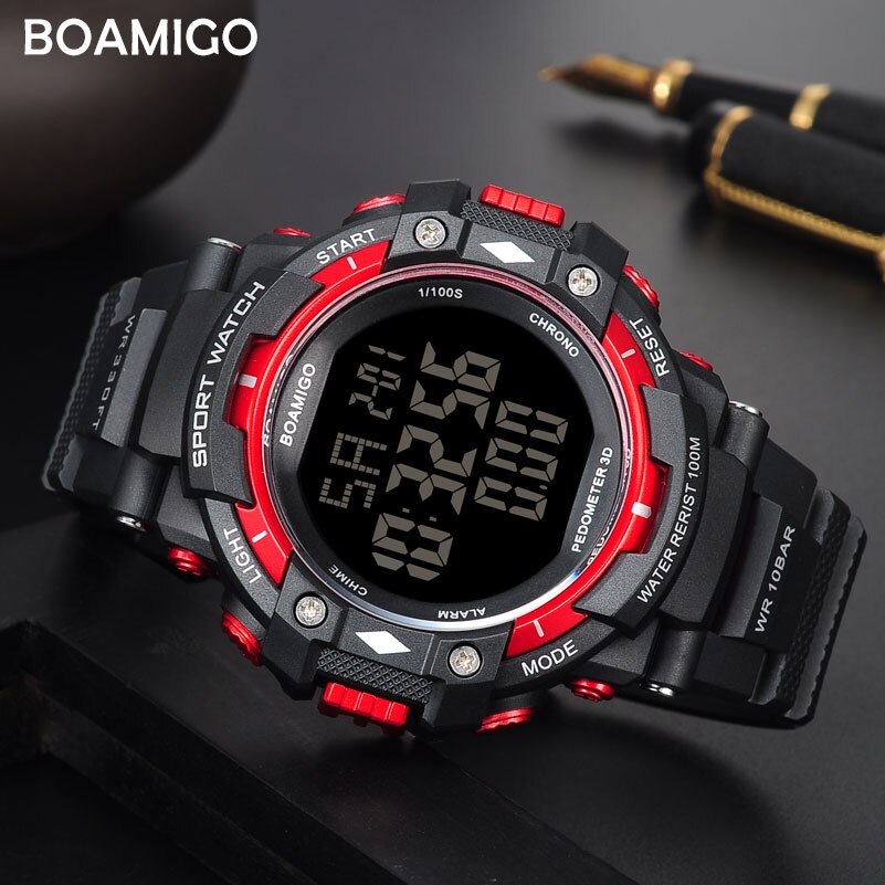 100m waterdichte heren sporthorloges, merk boamigo, stappenteller, calorieën, led, digitale horloges, zwemhorloges, herenhorloge