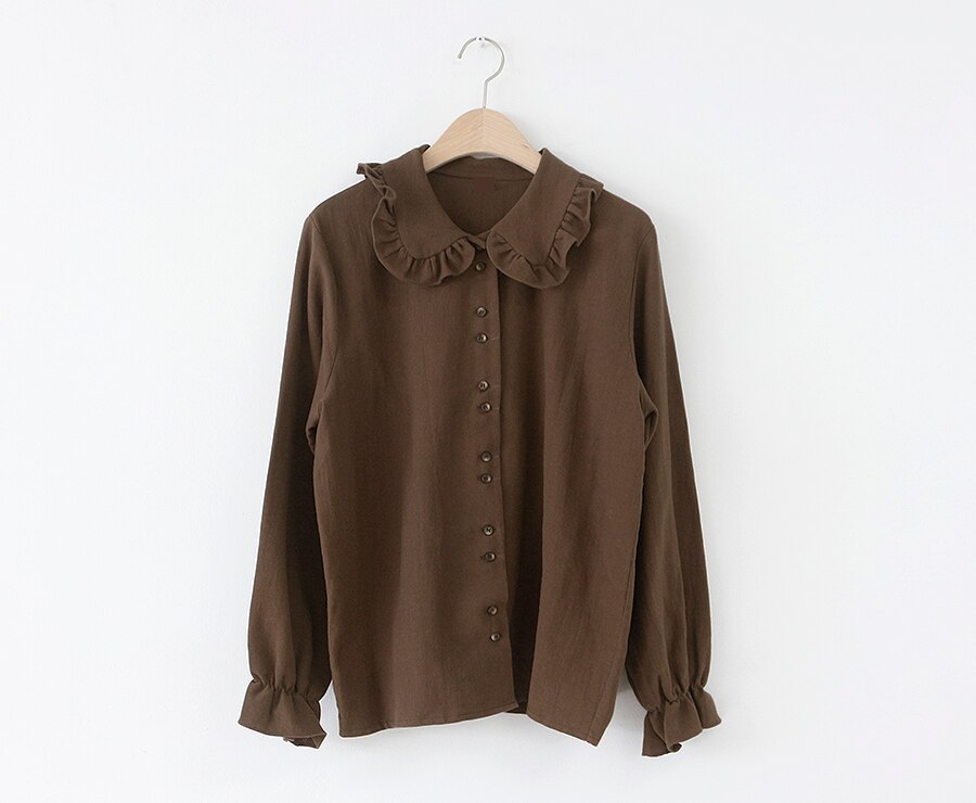 Chemisier blanc à manches longues pour femme, décontracté, ample, grande taille, pour l'automne et l'été: Brun / S