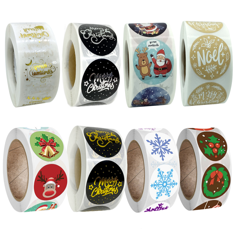 Weihnachten Box 100/500Pcs Runde Etiketten Weihnachten Aufkleber Candy Tasche Blume Box Kuchen Boxen Verpackung Neue jahr Aufkleber