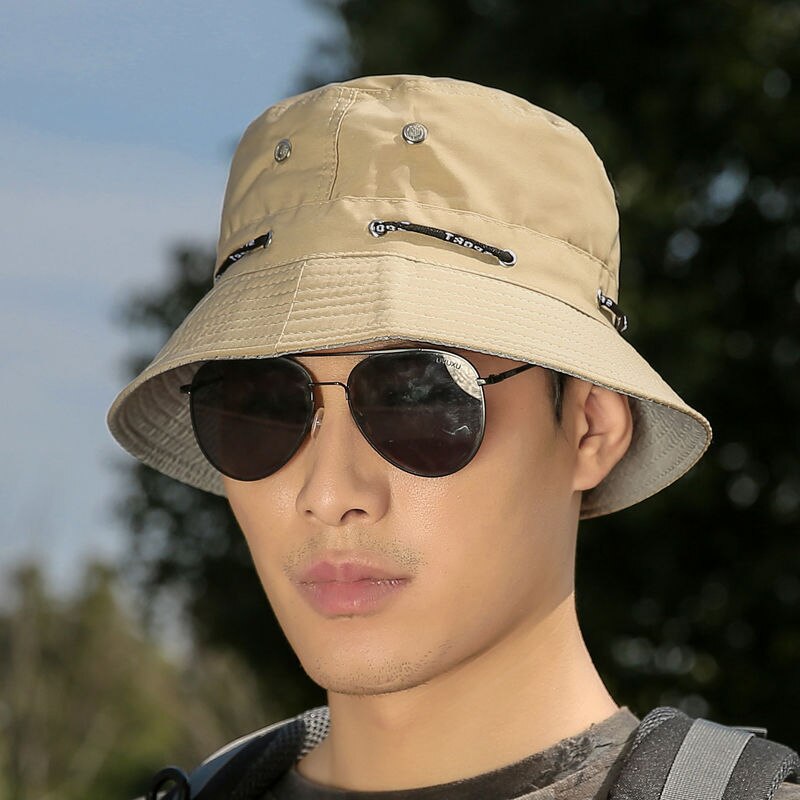 Sombrero de pescador plegable con cuerda para hombre y mujer, gorra de pescador con protección solar, Color sólido, para pesca al aire libre