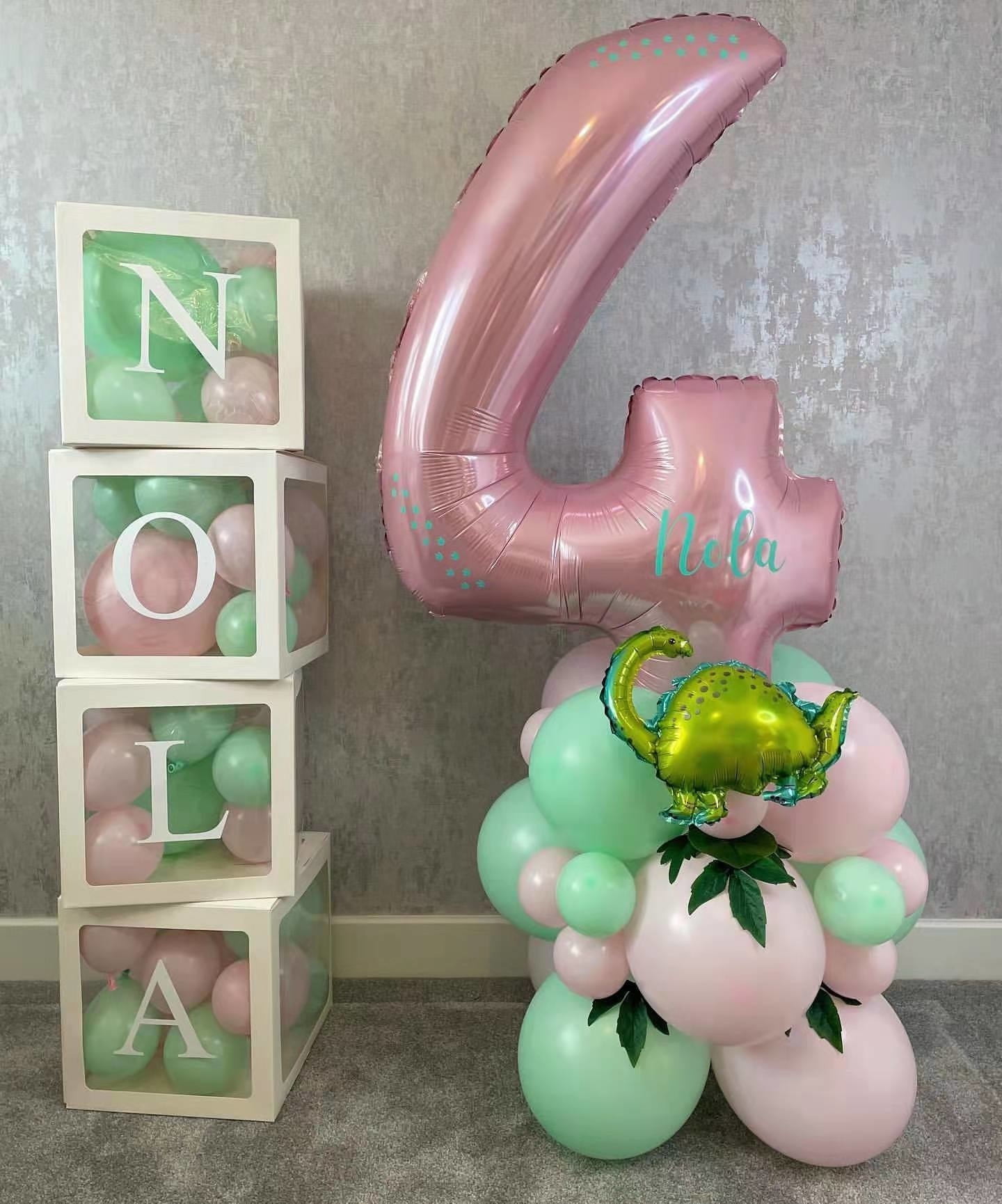 1 Juego de cajas de dulces de cartón con forma de torre de globos de dinosaurio rosa para niña, decoraciones para de feliz cumpleaños con temática de dinosaurio, suministro de