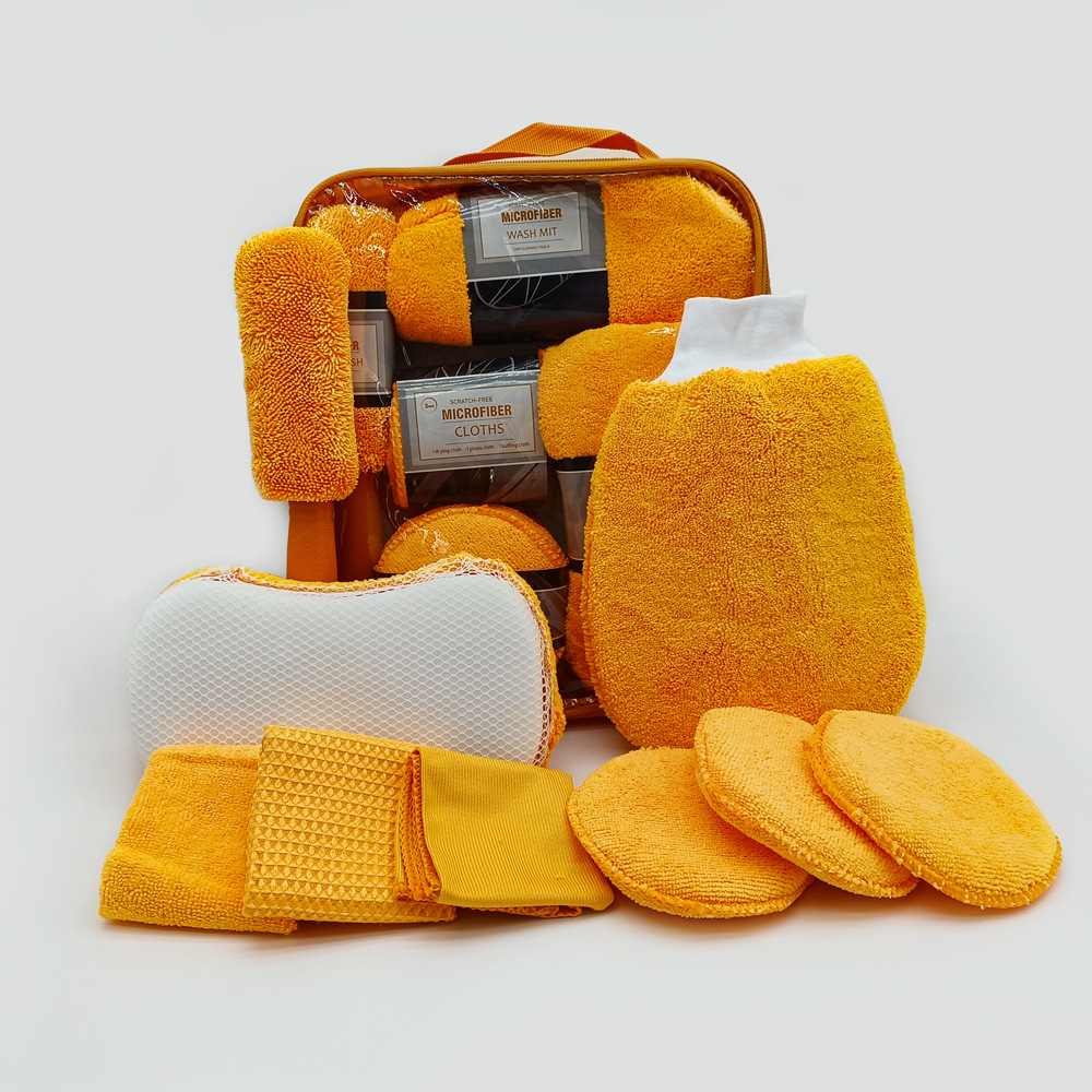 Limpieza de belleza para coche, juego de 9 piezas, toallitas para el hogar, guantes para lavado de coches, trapos de toallas, esponja para encerar, cepillo para rueda: YELLOW