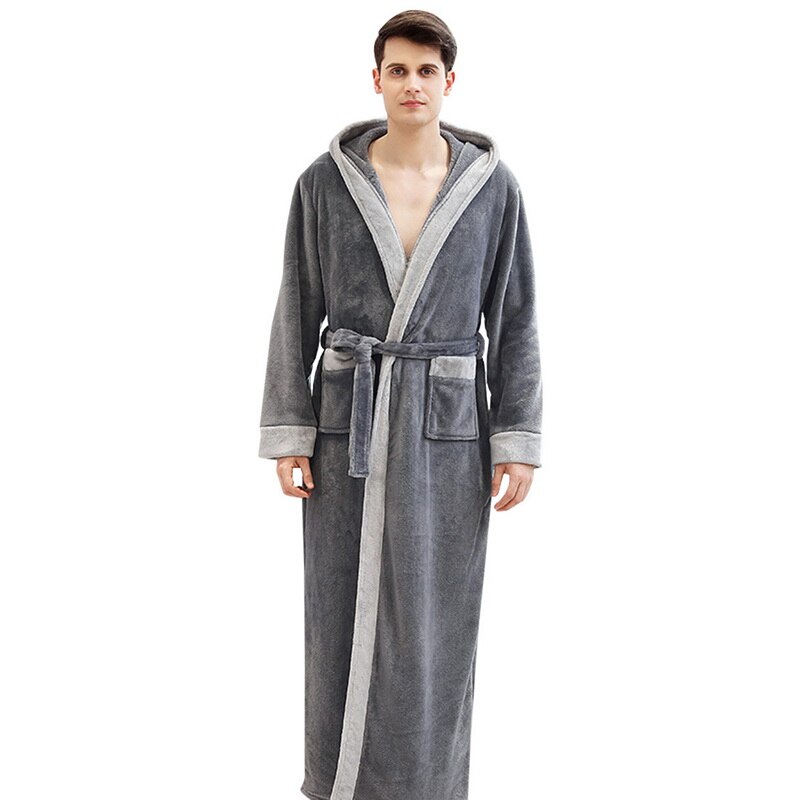Männer Plus Größe extra Lange Warme Flanell Pelz Bademantel Herren Winter Nachtwäsche Männliche Mit Kapuze Schlecht Kleid Frauen Korallen Dressing Kleid: dunkel grau / XL