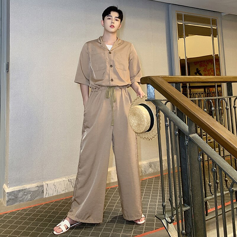 Traje holgado de para hombre, mono delgado de cintura alta, mono japonés de tendencia retro de manga corta, mono de pierna ancha de una pieza para verano
