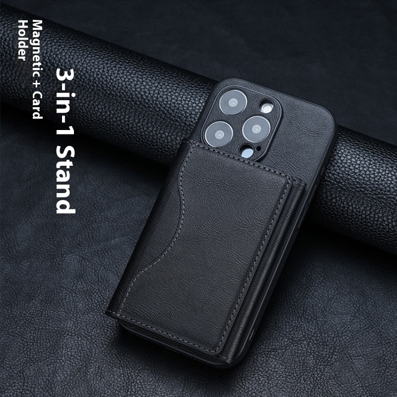 Bolsa carteira de couro magnética para iphone 17 16 15 pro max titular do cartão bolsa de telefone capa protetora com três dobras sacos magnéticos