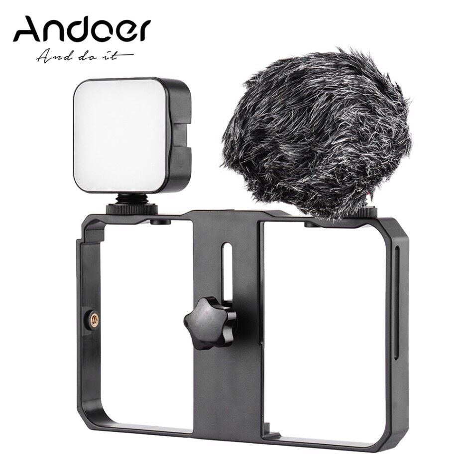 Andoer Smartphone Video Kooi Kit Inclusief Mini Led Vullen Lichten + Mini Microfoon Met Shock Mount Wind Screen Voor Telefoon video: without tripod