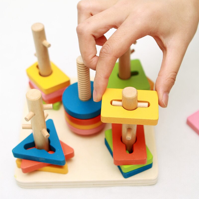 Baby Wooden Toys Materials Educational Geometry 5 Pillar Matching Color Shape Wooden Toy