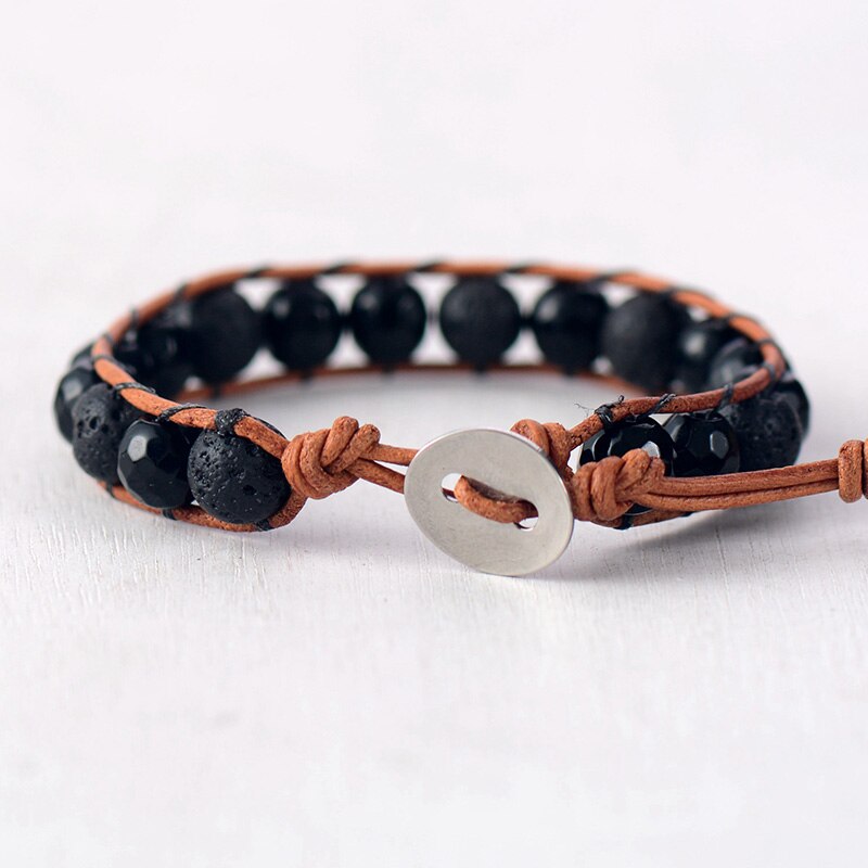 Mannen Lederen Armband 8Mm Lava Stone Onyx Leather Wrap Armbanden Vintage Weven Bead Armband Handgemaakte Mannen Punk Armband