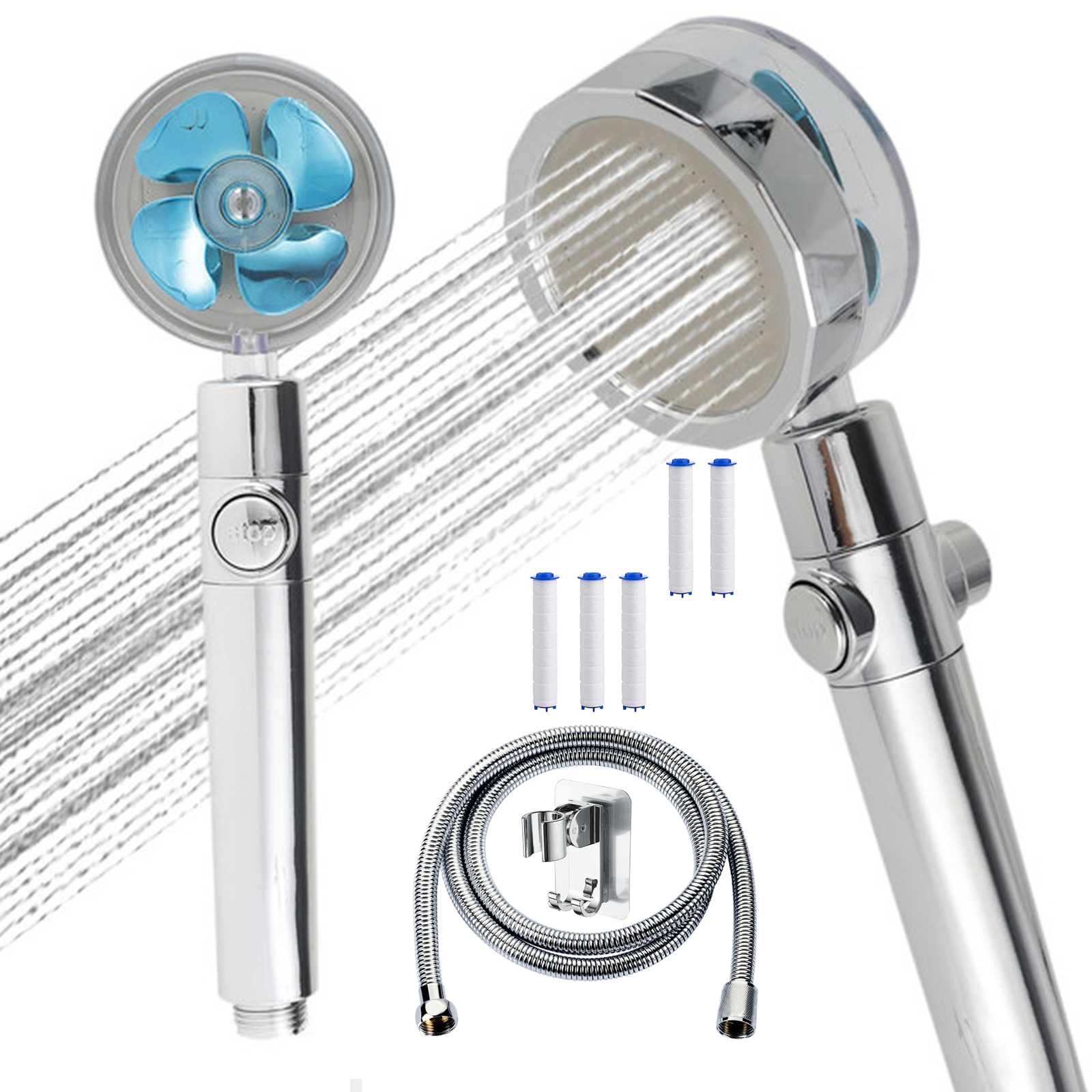 8Pcs Neerslag Turbo Douchekop Set Hoge Druk Regendouche Gedraaid Turbocharged Douche Met Ventilator 5 Filter Slang rack: 8PCS Blue