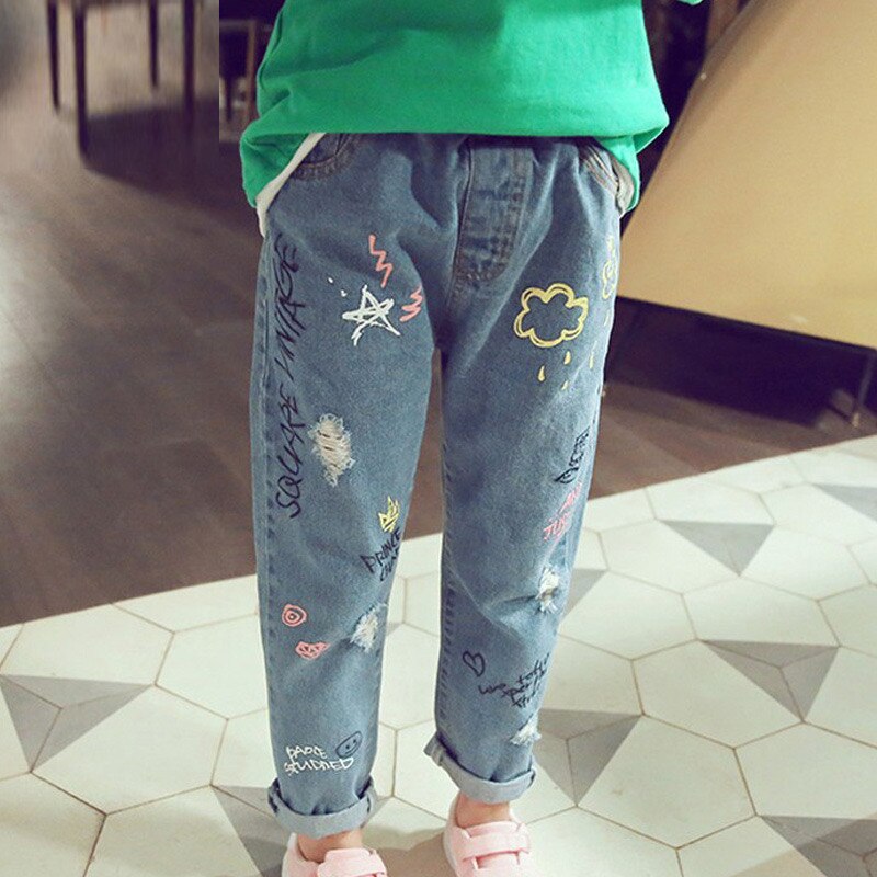 Pantalones vaqueros con estampado de grafiti para niños, ropa de primavera y otoño, con personalidad, informal, KJ29