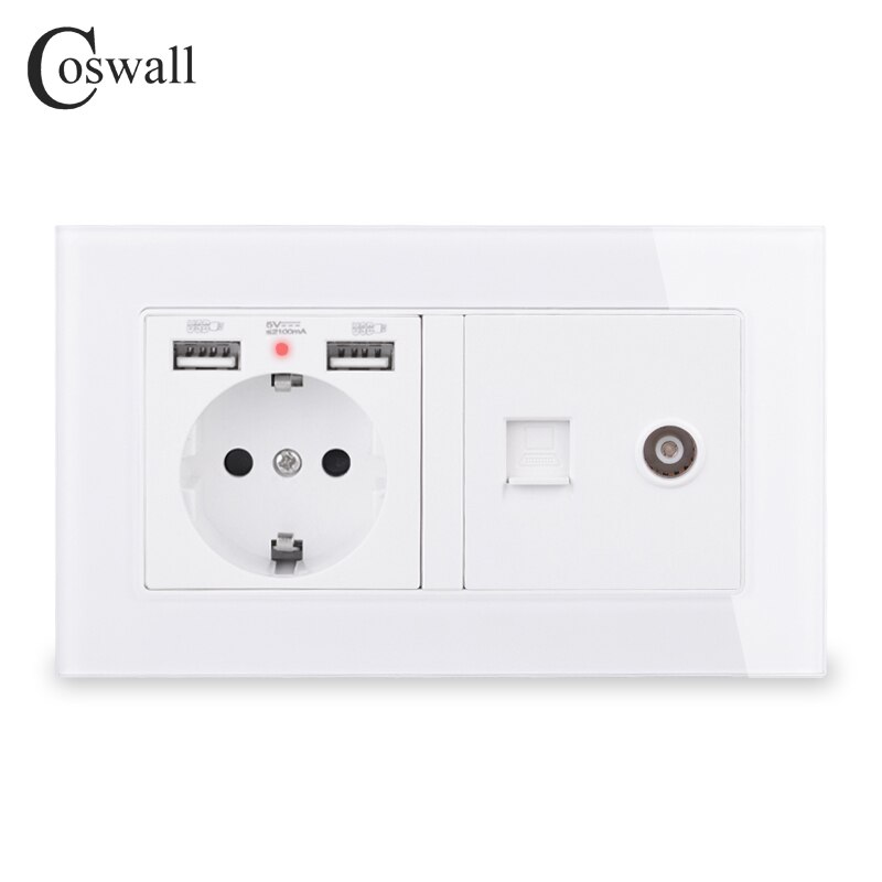 COSWALL Russia Spain EU Standard Wall Socket 2 USB Charge Port + Female TV Connector With CAT5E RJ45 Internet Jack Glass Panel: White