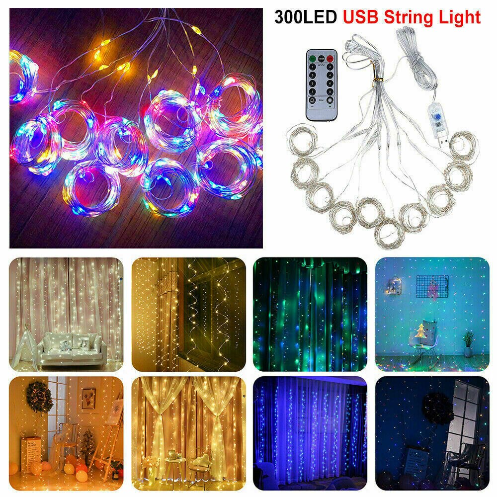 300 LED String Lights Curtain Hanging String Lights for Indoor Home Wedding Party Wall Decor Lamp Remote Control Accessory Craft: Colorful
