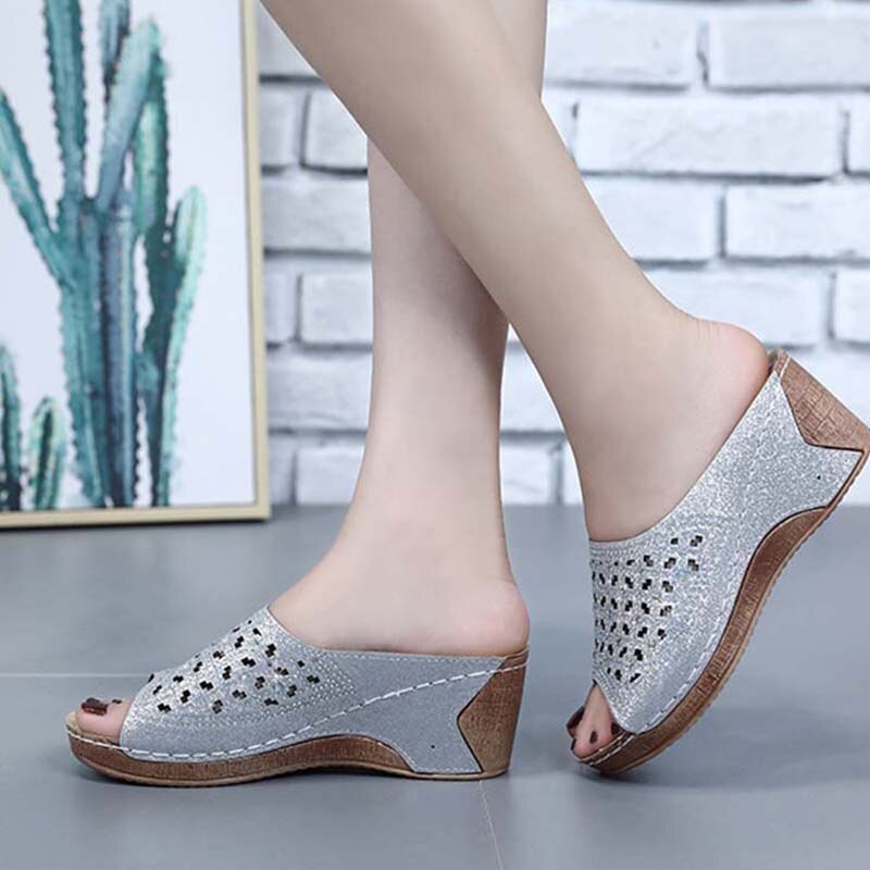 Zomer Vrouwen Wedge Sandalen Premium Bling Bling Open Teen Sandalen Vintage Anti-Slip Lederen Casual Vrouwelijke Platform Schoenen