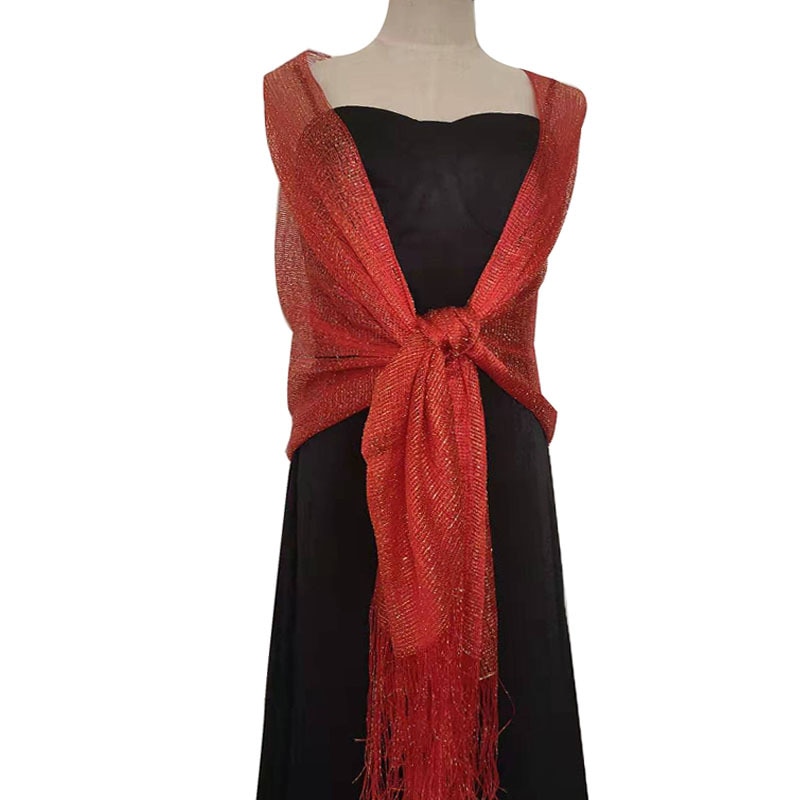 Elegante Goud En Zilver Zijde Sjaal Vrouwen Bruid Jurk Tippet Sjaals Dance Wedding Party Avond Sjaal Vrouwelijke Kwastje Sjaal: Rood