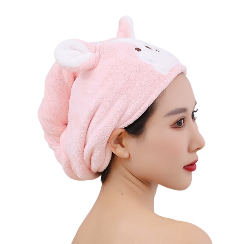 Cartoon Coral Velvet Hair Towel Turban Wrap Quick Dry Shower Hat with Button Cute Dog Microfiber Super Absorbent: Pink