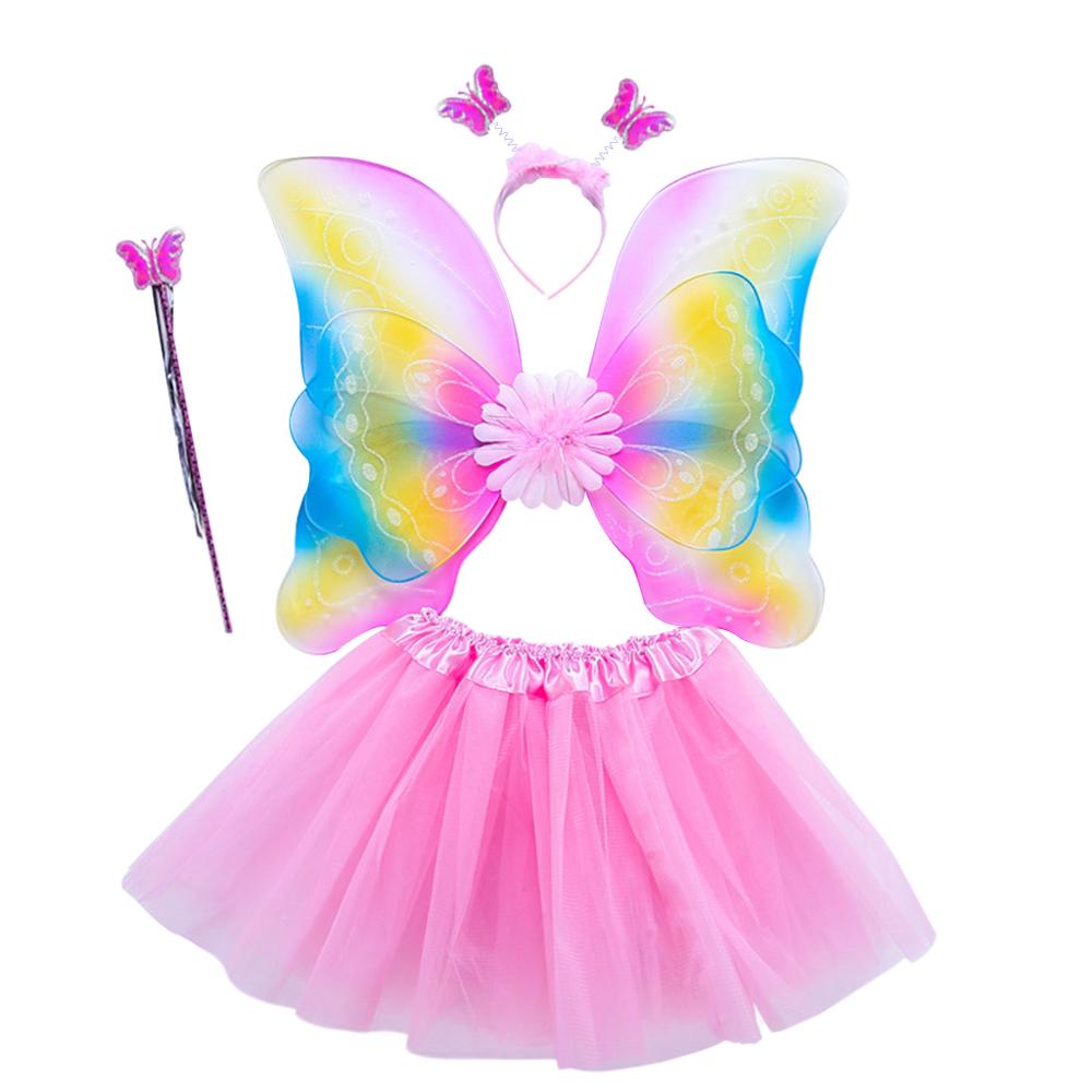 4 stk piger eventyr kostume sæt regnbue sommerfugl vinger tre lag tyl tutu nederdel tryllestav prinsesse halloween fest 3-8t: 4