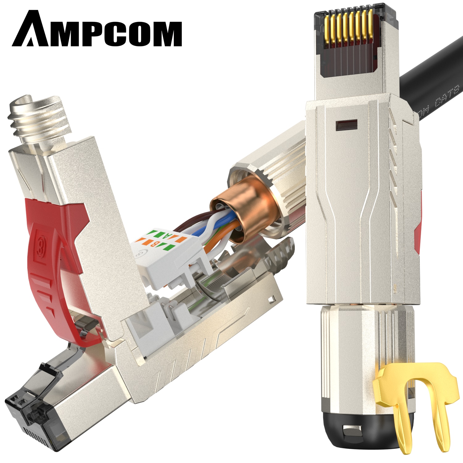 AMPCOM-Herramienta de terminación de campo de enchufe Modular blindado Cat8, sin herramienta, 40G, 2Ghz, 22-24AWG, compatible con Cable Cat7A y Cat8, 2 uds.