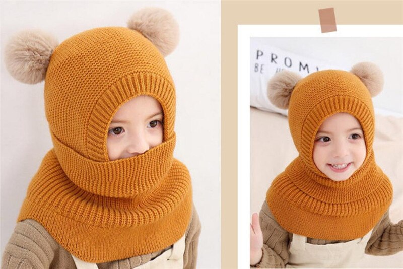 tricot à capuche écharpe enfants chapeau et écharpe enfant avec masque hiver Protection chaude oreille Pom Cap écharpes filles garçon accessoires