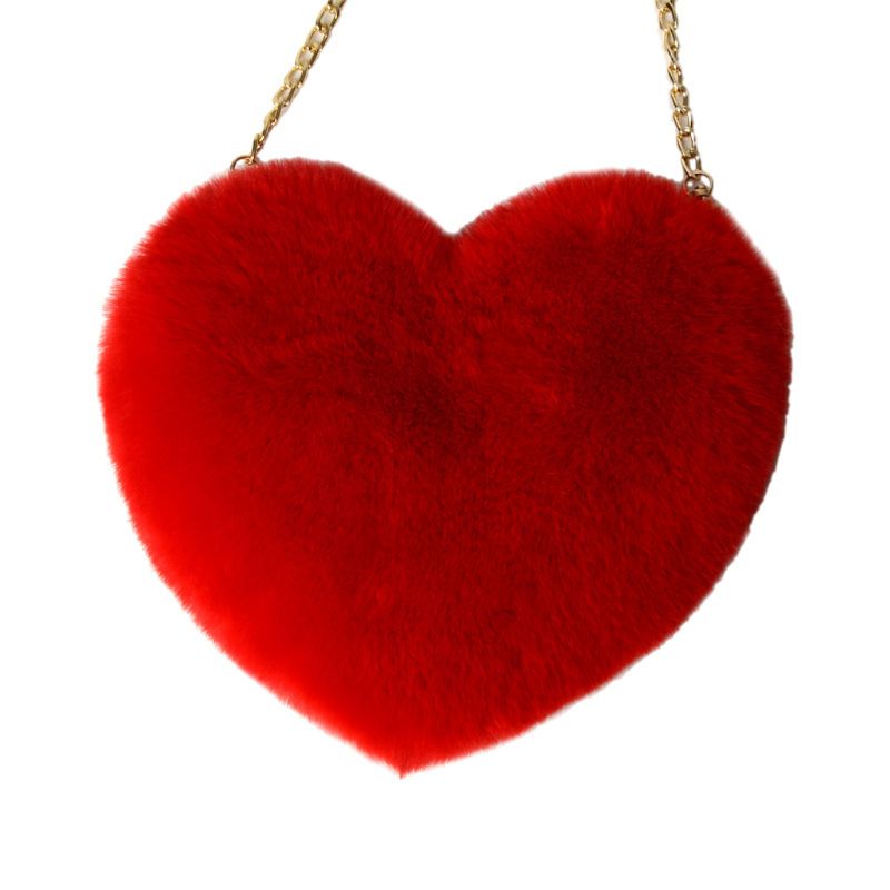 femmes en forme de coeur fausse fourrure bandoulière portefeuille sac à main chaîne sac à bandoulière dame sac à main: Red