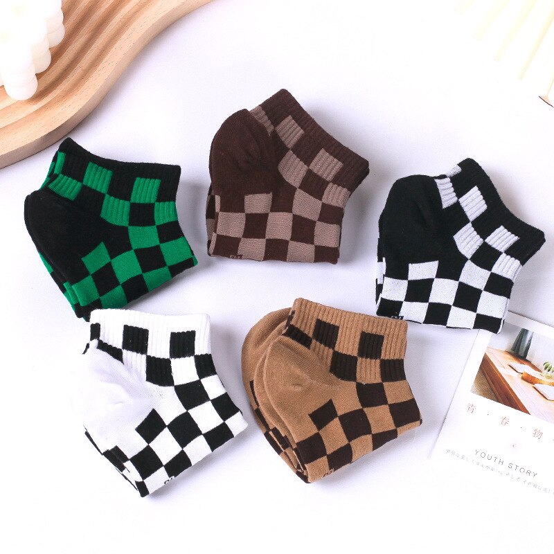 Calcetines tobilleros de algodón estilo Harajuku para mujer, medias cortas con cuadros geométricos, de estilo Hip Hop, para chica