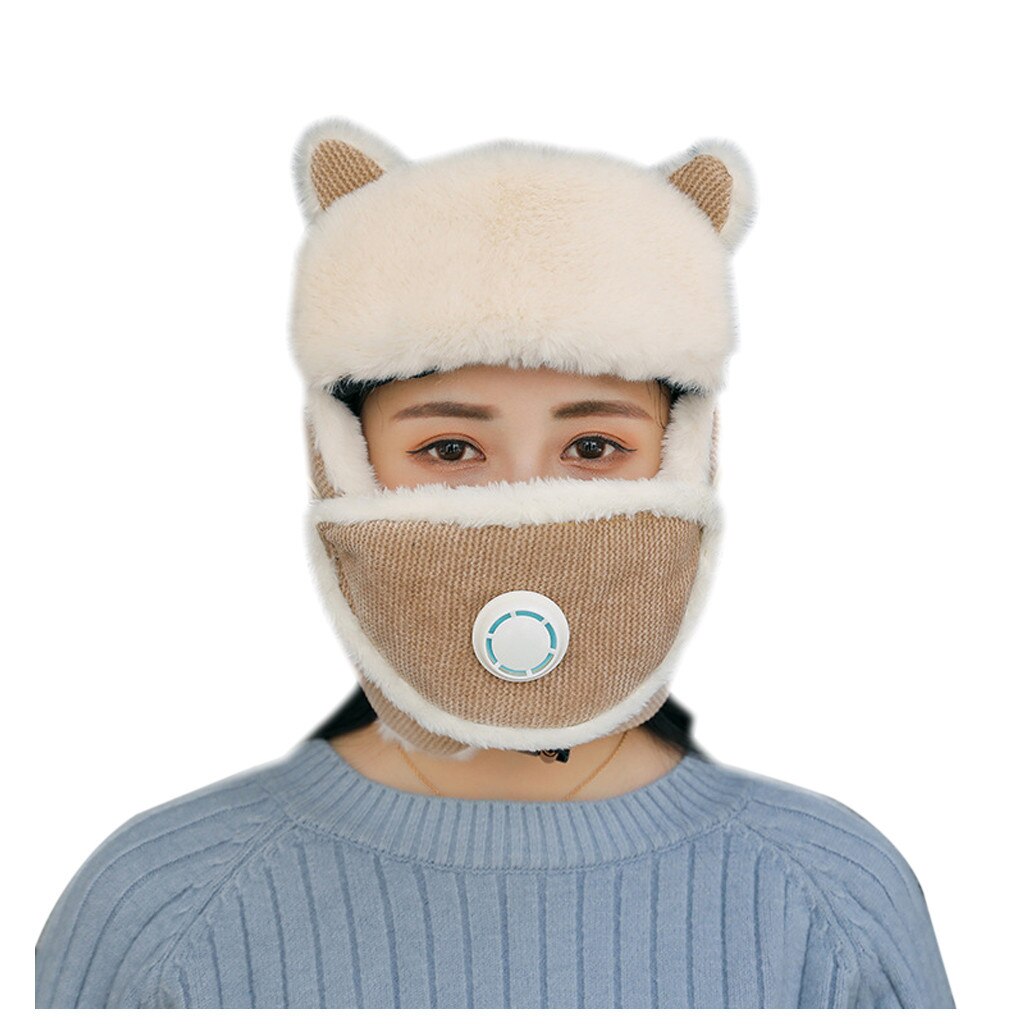 Dam skidmask mössa dam plus sammet förtjockning stickad ansiktsmask vinter kvinnlig jakt öra varm träningsmössa czapka zimowa: Beige