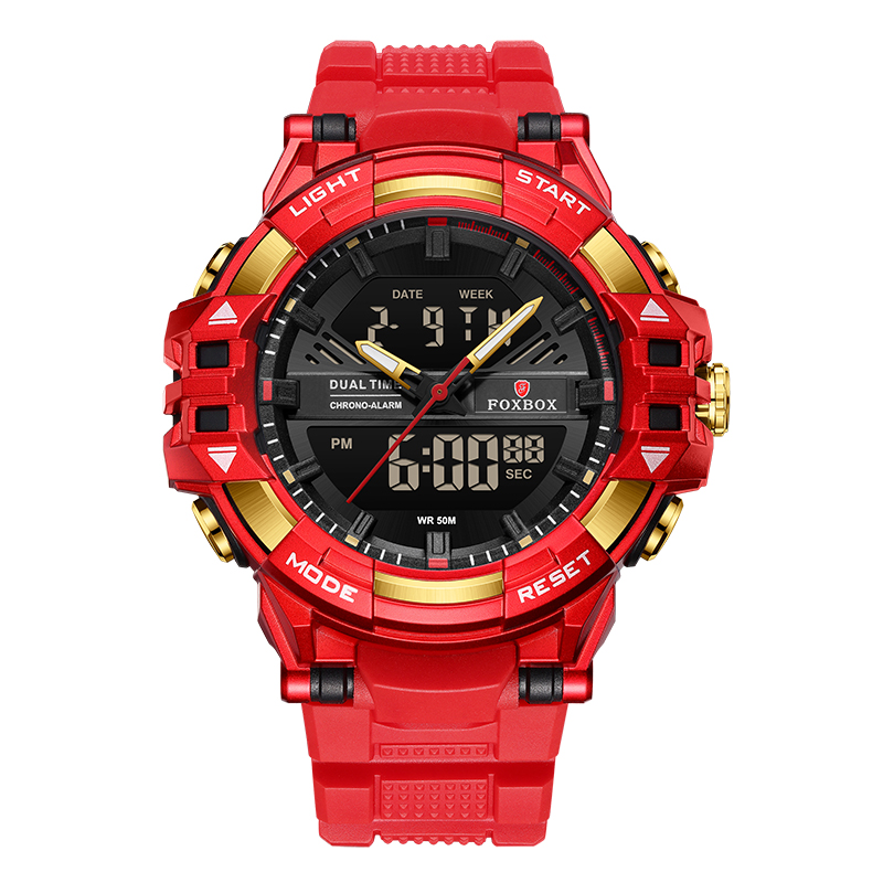 Foxbox Digitaal Herenhorloge Waterdicht Horloge Led Quartz Dual Display Horloge Sport Heren Eenvoudige Mode Daily Wear Reloj Hombre: Rood