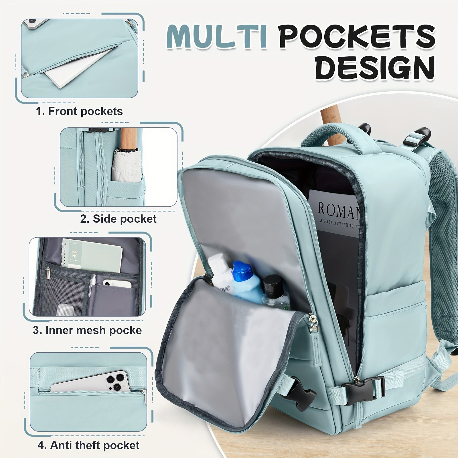 Women's and men's travel backpacks, carry on backpacks, 15.6-inch laptop backpacks, flight approved 40x25x20, personal belonging