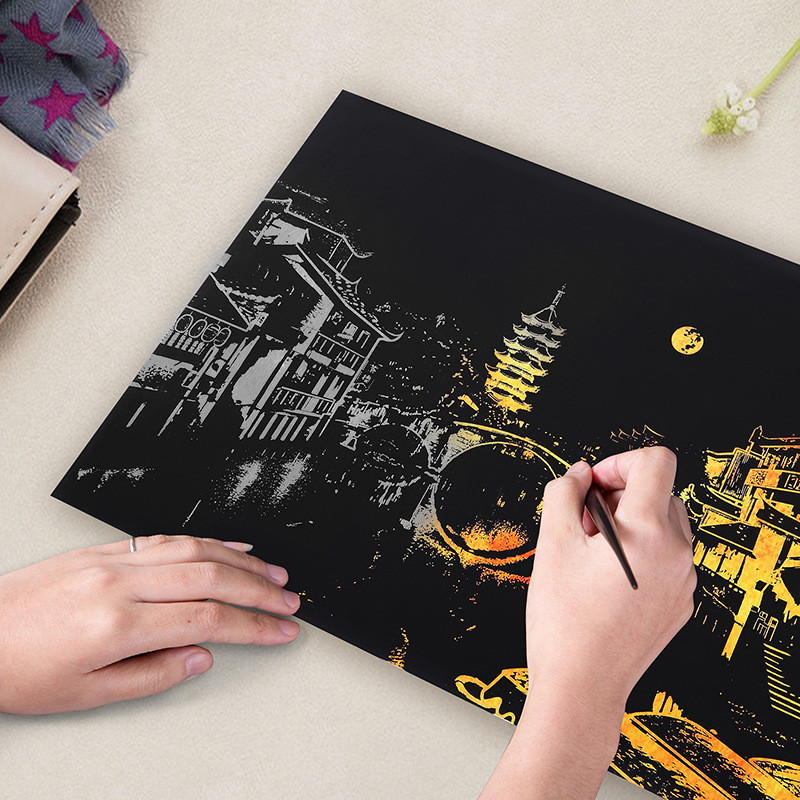 DIY Scraping Painting 40.5x28.5 CM World Famous City Building Night View Magic Art Scratch Paper Children Drawing Toy Decoration