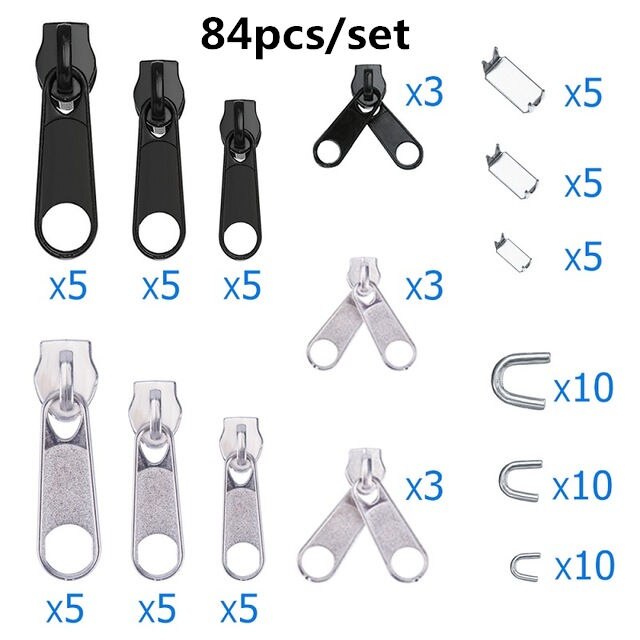 Pince d'installation de glissière métallique | Kit de réparation de fermeture éclair, pince de fermeture éclair, tirette de rechange, accessoires de tête veste de vêtement de couture 85 pièces/10 pièces: 84pcs Zipper Kit