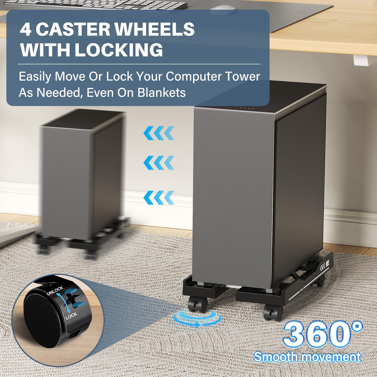 Adjustable Computer Tower Stand Under Desk Rolling Caster Wheels  - Removable cpu stand, Dazzling Black White Computer Tray 