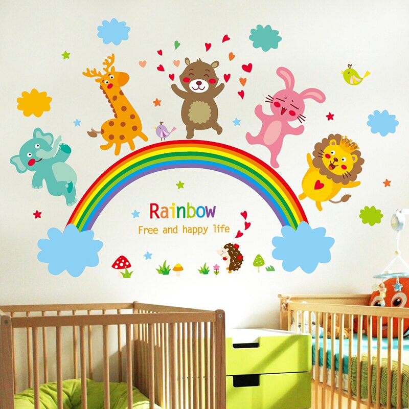 [shijuekongjian] tegneserie løve bjørn dyr wallstickers gør-det-selv regnbueskyer vægmaleri mærkater til børneværelser baby soveværelse dekoration