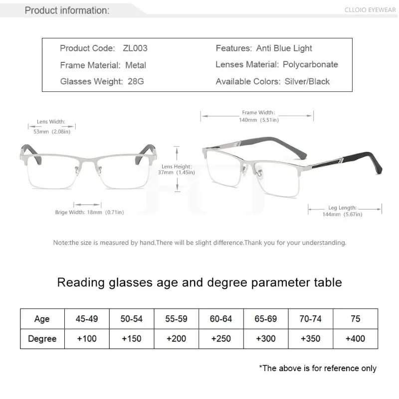Mdod Leesbrillen Voor Heren 1.0 Tot 4.0 Zakelijke Leeslens Metalen Frame Optische Anti-Blauw Licht Presbyopie Bril Met Klasse