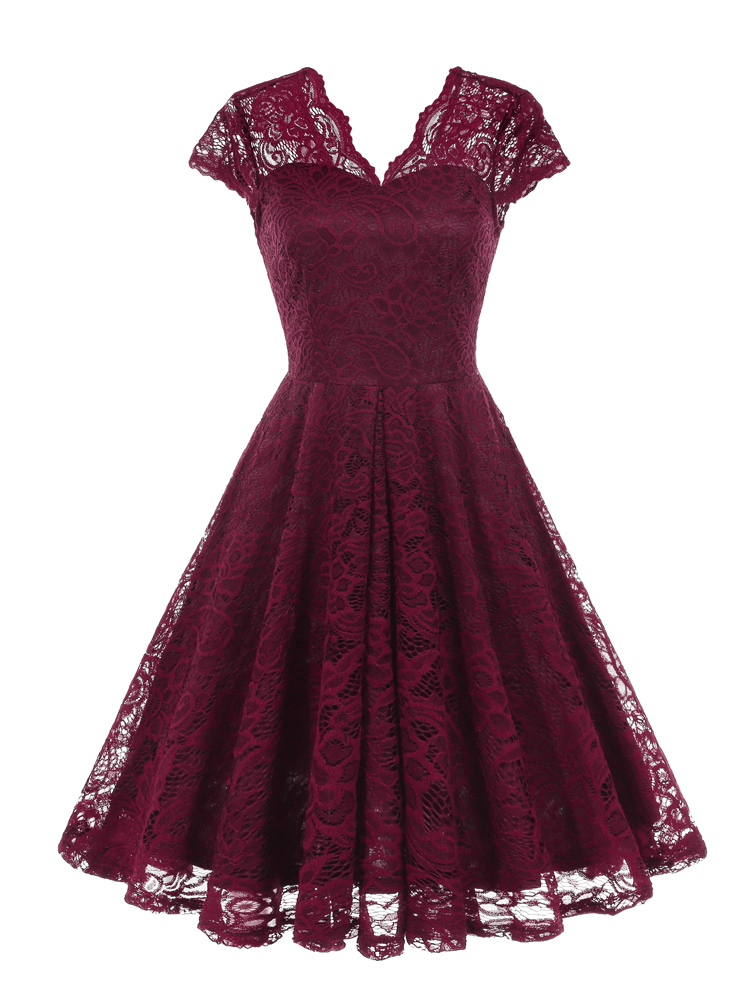 Tonval vintage kamsløjfet v-hals fødselsdagskjoler til kvinder aften gallafest plisseret blonde swingkjole: Xxl / Fuchsia