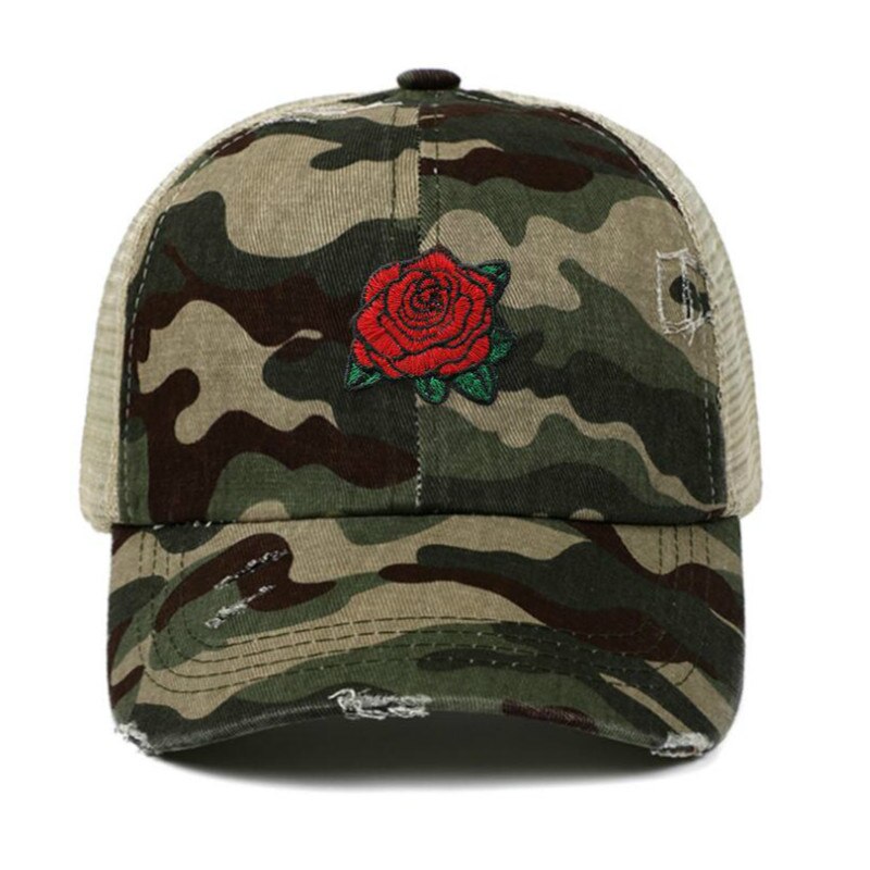 rose distress mesh baseball cap hip hop outdoor sports summer women cap embroidery flower snapback hat cap curved cap: camo