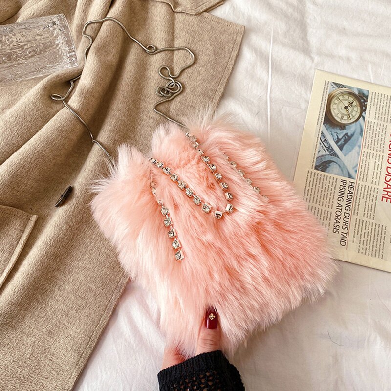 Plüsch-tragetasche für damen, 2022er -Pack Käufer, lässige frühlings- und sommerhandtaschen mit strassgriff und kette, beuteltasche