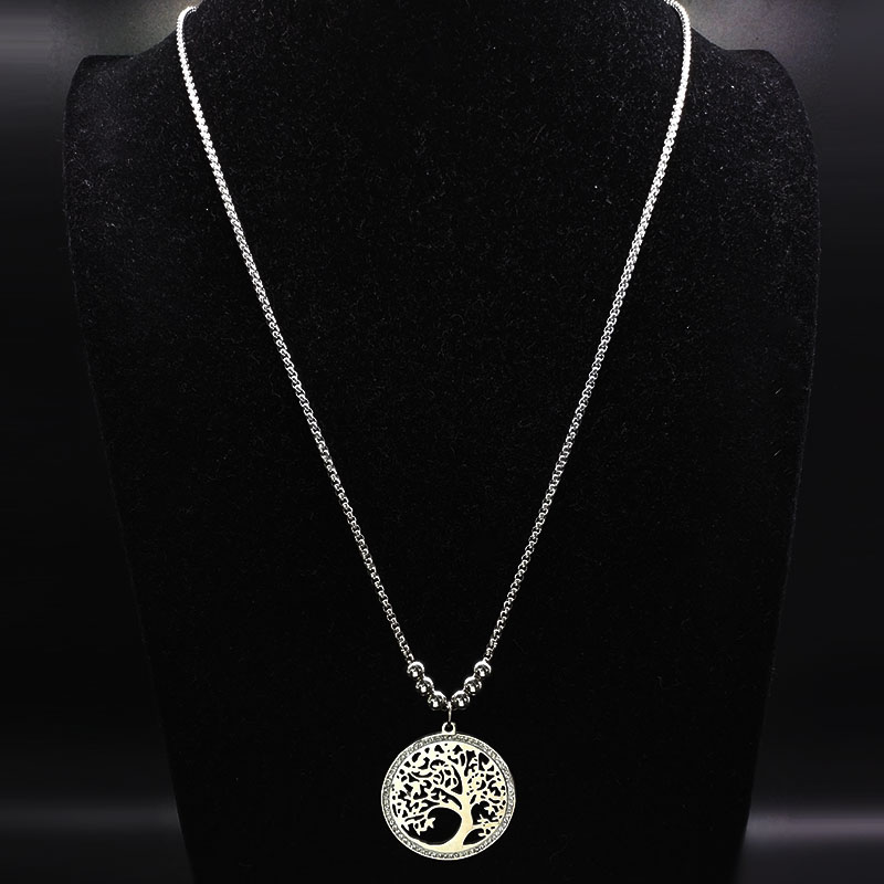 Lange halsketten mit lebensbaum-anhängern aus edelstahl und kristallschmuck in silberfarbe, damenschmuck ,  n18er 02