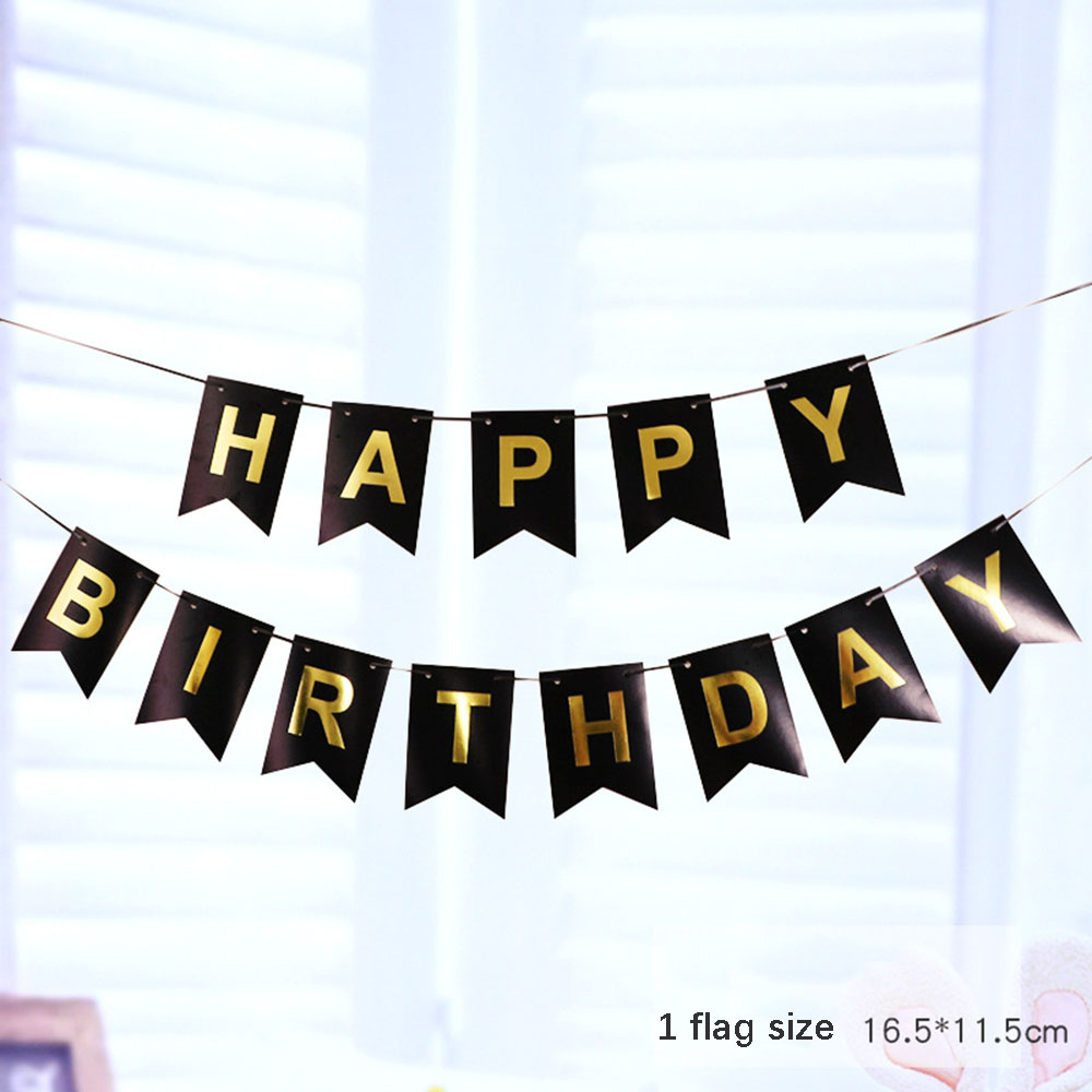 Banner de feliz cumpleaños, decoración de de cumpleaños, serpentinas, guirnalda, bandera, adorno de jardín para sala de estar, banderines de escena para niños y adultos: Negro