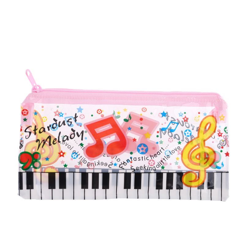Estuche de lápices para Teclado de Piano de notas musicales, bolsa de plástico transparente para bolígrafos, para estudiantes: Rosa