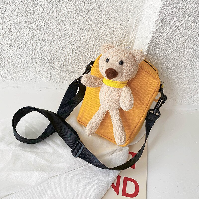 Hair bear canvas bag female trendy cute student chest bag ins shoulder bag messenger waist bag: yellow