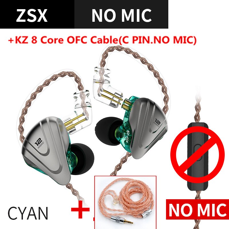 KZ ZSX 1DD+5BA 12 Unit Hybrid In-ear Earphones HIFI Metal Headset Music Sport KZ ZS10 PRO AS12 AS16 ZSN PRO C12 DM7 as06 v90: cyan no mic(ofc