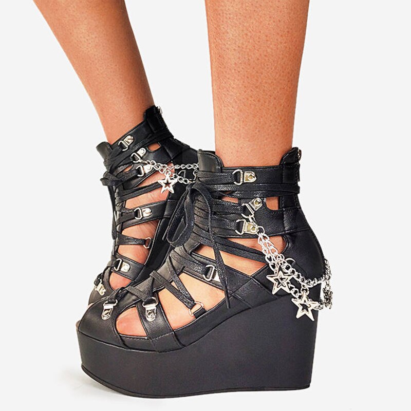 Sandalias con plataforma gótica Punk para mujer, zapatos con punta abierta y cremallera, con cadena de Metal, cuñas altas, pentagrama, para verano: 10