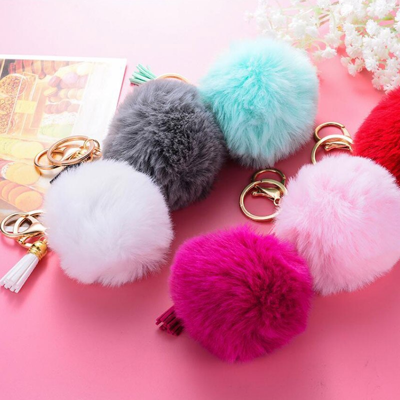 Nøglering pels ball pom pom nøglering pompon kunstig kanin pels fluffy nøgleringe bil taske nøglering nips til kvinder dame