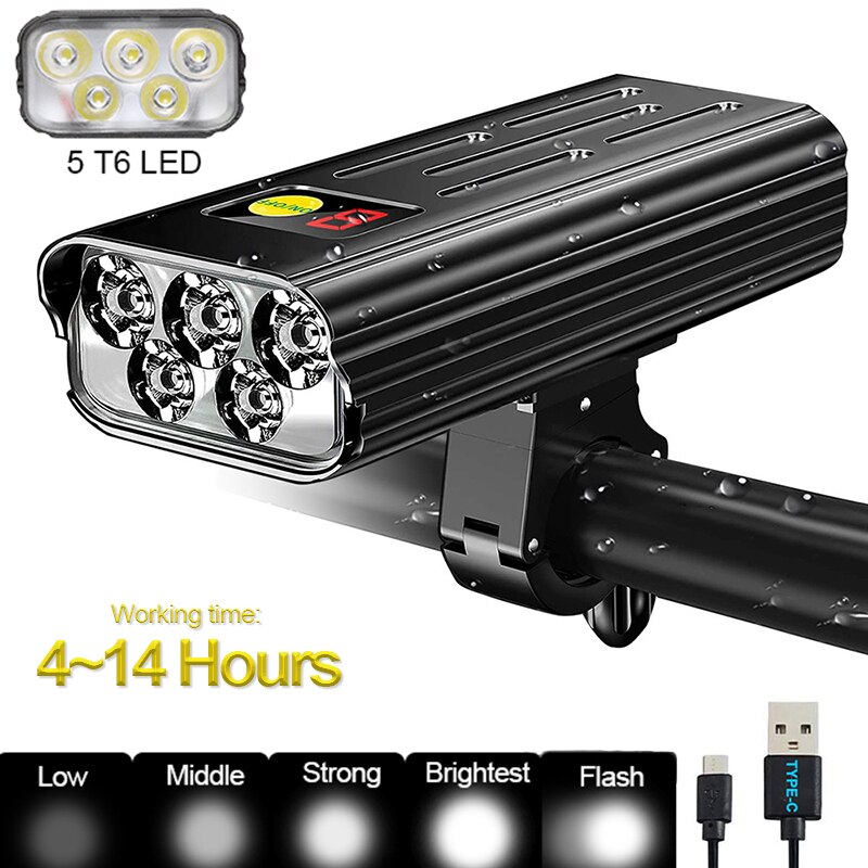 USB Vorderseite Fahrrad Licht 5 LED Fahrrad Lenker Lampe Digital Anzeige Radfahren Taschenlampe mit Typ-C Ladung Energie Bank Funktion