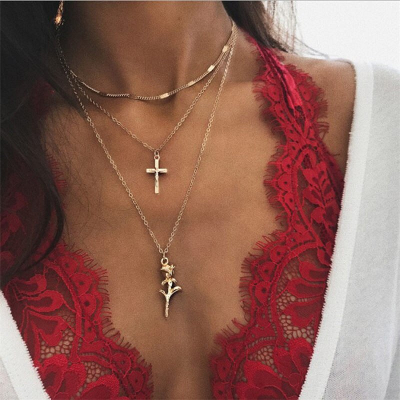 fuyo Crystal Bohemian Multi Layer Pendant Necklaces For Women Golden Geometric Charm Chains Necklace Jewelry Best: gold flower