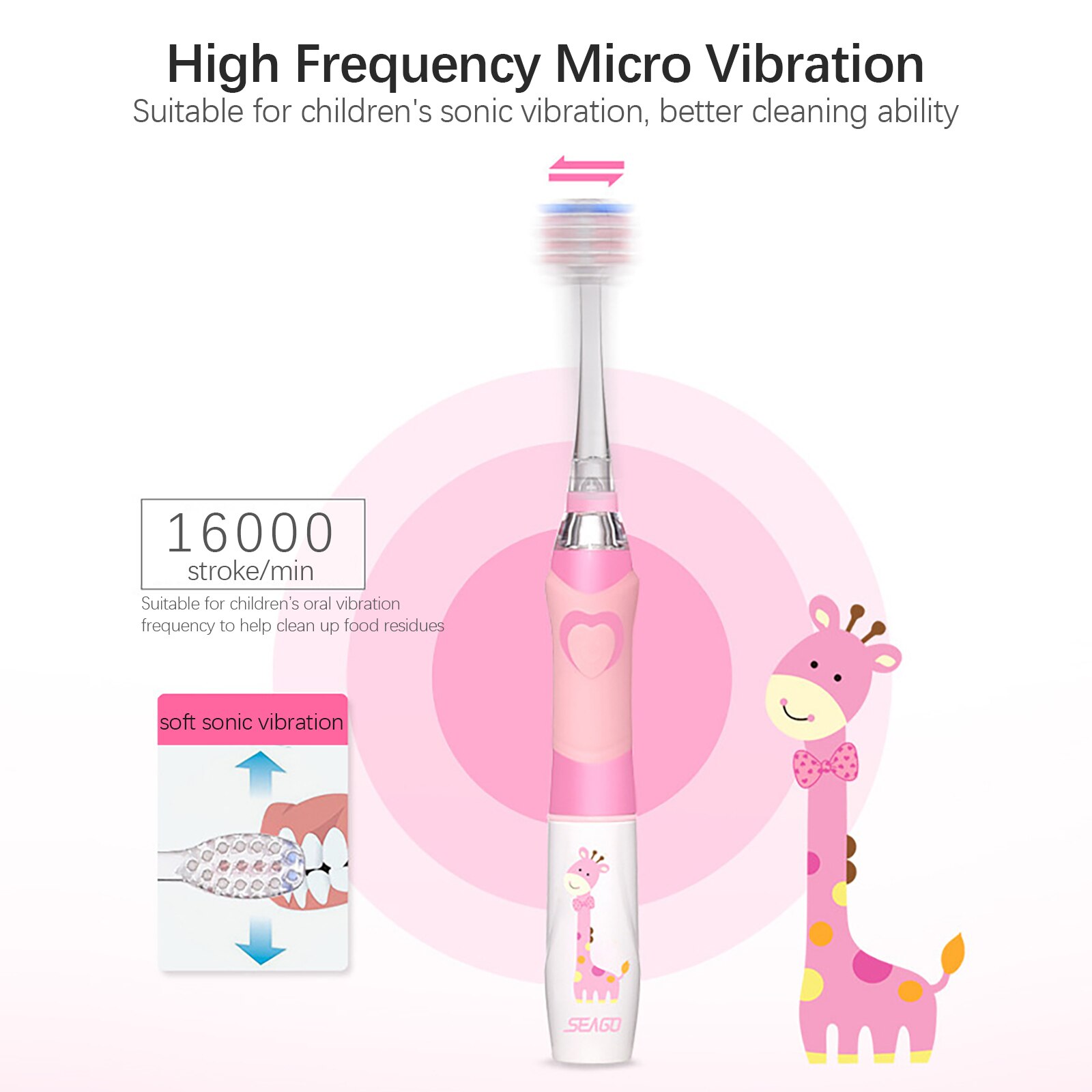 SEAGO Kinder Sonic Elektrische Zahnbürste Betriebene Wasserdichte LED Licht für 3-12 Alter Kinder Smart-Timer 3 Weichen Borsten pinsel Köpfe