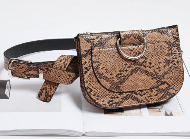 Serpentine Fanny Pack Women Waist Pack Pu Leather chest Bag Female Snake Skin Belt Bag Purse: Brown