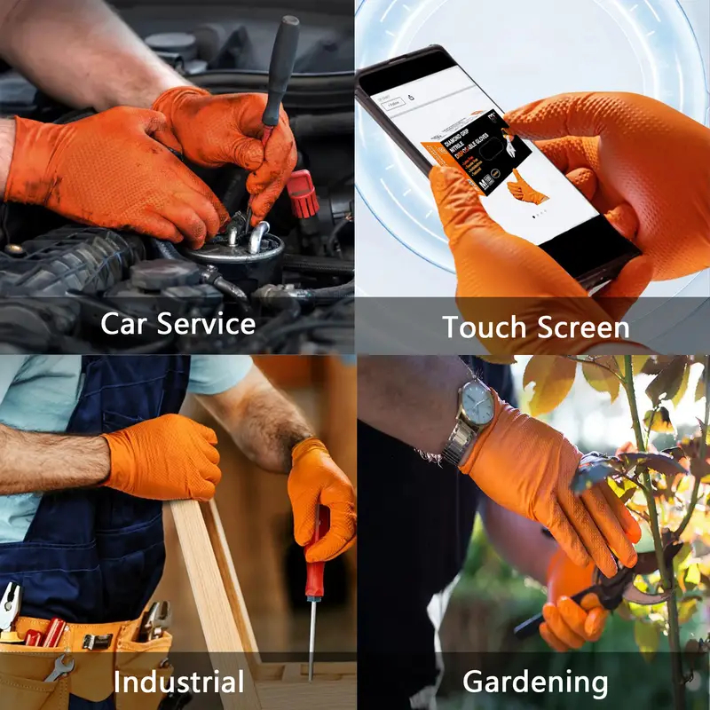 Orange Nitrile Gloves 8-mil Heavy Duty Disposable Gloves with Raised Diamond Latex Free Textured Gloves for Mechanic Industrial