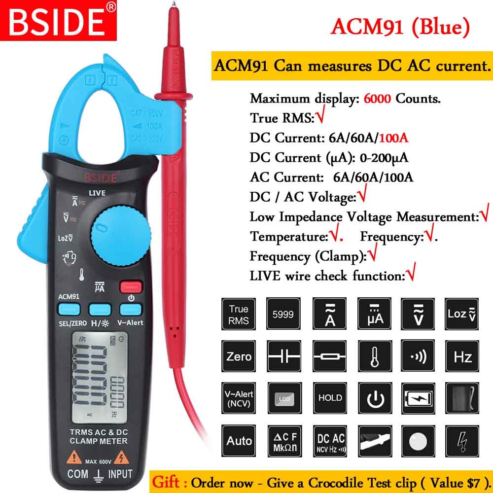 Mini Digital Clamp Meters Pocket Digital Clamp Meter Multimeter BSIDE DC/AC Current 100A 1mA Tester: ACM91-blue-Gift